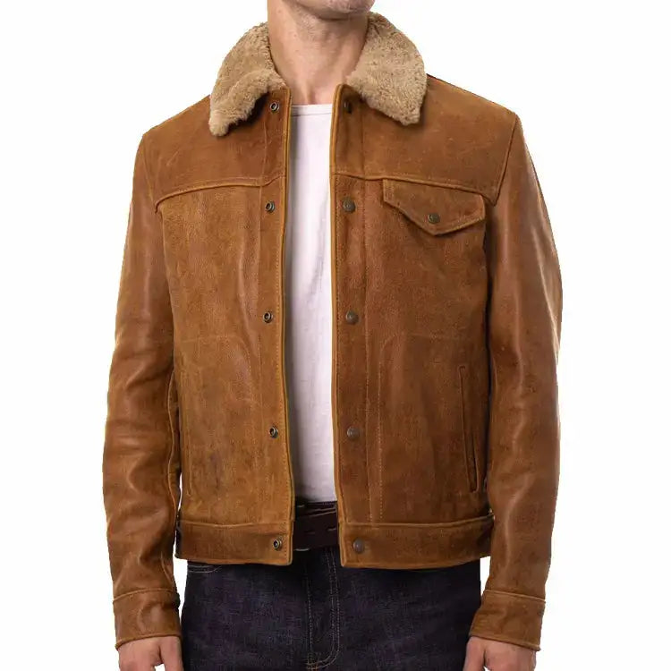 Mens Vintage Buffalo Leather Trucker Jacket